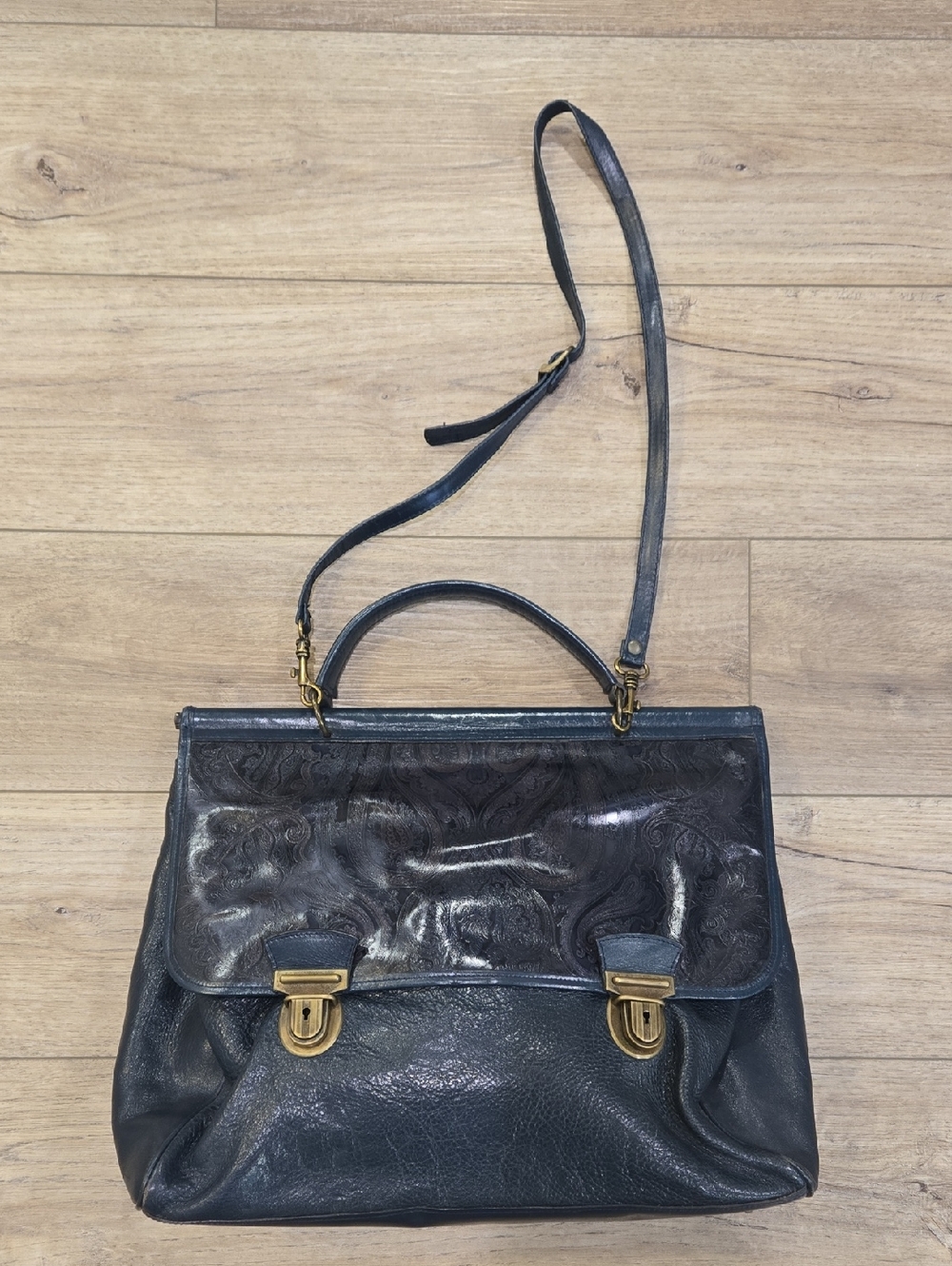 Vintage Italian Made Leather Flap Satchel Handbag with Brass Hardware